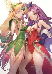 Rule 34 | 2girls, angela (seiken densetsu 3), armor, ass, asymmetrical docking, bare shoulders, blonde hair, blush, bow, breast press, breasts, bridal gauntlets, cleavage, closed mouth, dress, earrings, elbow gloves, finger to mouth, forehead jewel, frilled dress, frills, gloves, green bow, green dress, green eyes, hair bow, hand on own hip, highres, jewelry, leotard, long hair, looking at viewer, low-tied long hair, medium breasts, multiple girls, parted bangs, parted lips, pauldrons, pointy ears, purple eyes, purple gloves, purple hair, pyz (cath x tech), red leotard, riesz, seiken densetsu, seiken densetsu 3, short dress, shoulder armor, sidelocks, simple background, standing, strapless, strapless dress, strapless leotard, thighs, v-shaped eyebrows, waist cape, white background