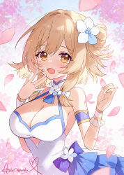 1girl :d apple_caramel blue_bow blush bow breasts brown_eyes brown_hair cherry_blossoms cleavage dress flower genshin_impact hair_between_eyes hair_flower hair_ornament highres holding holding_petal large_breasts looking_at_viewer lumine_(genshin_impact) medium_hair open_mouth petals sidelocks signature smile standing upper_body white_dress white_flower