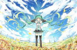 Rule 34 | 1girl, absurdly long hair, artist name, black skirt, black thighhighs, blue necktie, breasts, cloud, cloudy sky, day, detached sleeves, field, floating hair, flower, flower field, green eyes, green hair, grey shirt, hair between eyes, hair ornament, hatsune miku, long hair, looking at viewer, medium breasts, miniskirt, necktie, outdoors, pleated skirt, sevens (treefeather), shiny clothes, shirt, skirt, sky, sleeveless, sleeveless shirt, smile, solo, standing, thighhighs, twintails, very long hair, vocaloid, zettai ryouiki