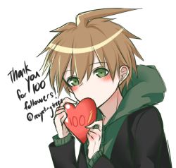 Rule 34 | 1boy, artist name, black jacket, blush, brown hair, commentary request, covered mouth, covering own mouth, danganronpa: trigger happy havoc, danganronpa (series), green eyes, green hoodie, hands up, happy birthday, happy valentine, heart, holding, holding heart, hood, hood down, hoodie, jacket, looking at viewer, male focus, milestone celebration, naegi makoto, no nose, recyclingtrees, simple background, solo, thank you, upper body, valentine, white background