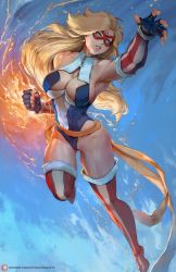 Rule 34 | 1girl, american flag, american flag print, bare shoulders, blonde hair, blue eyes, boots, breasts, cleavage, cleavage cutout, clenched hand, clothing cutout, cutesexyrobutts, earrings, elbow gloves, embers, energy, fingerless gloves, fire, flag print, gloves, glowing, highres, jewelry, kamen america, kamen america (comic), leotard, long hair, sash, solo, thigh boots, thighhighs, thighs, turtleneck