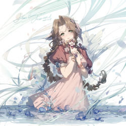 Rule 34 | 1girl, abstract background, aerith gainsborough, blue flower, bouquet, bracelet, braid, brown hair, character name, closed mouth, cropped jacket, dated, dress, final fantasy, final fantasy vii, flower, green eyes, happy birthday, highres, holding, holding bouquet, jacket, jewelry, kieta, lipstick, long hair, looking at viewer, makeup, open clothes, open jacket, parted bangs, petals, pink dress, puffy short sleeves, puffy sleeves, red jacket, short sleeves, single braid, smile, solo, square enix, very long hair, wading, water