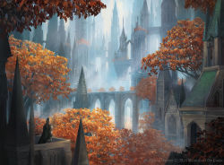 Rule 34 | alayna danner, architecture, armor, artist name, bridge, castle, cityscape, commentary, english commentary, fantasy, highres, landscape, magic: the gathering, nature, official art, scenery, soldier, tree, watermark