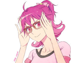 Rule 34 | 1girl, aida mana, bad id, bad pixiv id, bespectacled, blouse, bow, brown-framed eyewear, character name, dokidoki! precure, flipped hair, glasses, half updo, looking at viewer, negom, pink bow, pink eyes, pink shirt, precure, shirt, short hair, simple background, smile, solo, upper body, white background