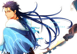 Rule 34 | 1boy, blue hair, capelet, character name, closed mouth, cu chulainn (caster) (fate), cu chulainn (fate), cu chulainn (fate/stay night), earrings, fate/grand order, fate (series), floating hair, from behind, fur-trimmed hood, fur trim, hood, hood down, hooded capelet, jewelry, long hair, looking back, male focus, red eyes, simple background, solo, spiked hair, staff, type-moon, white background, wooden staff, yu (8dgc4mfc)