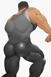Rule 34 | 1boy, ass, back, bara, black hair, black pants, covered abs, covered erect nipples, grey tank top, highres, kansuke (kansuke 717), male focus, muscular, muscular male, original, pants, short hair, simple background, solo, sweat, tank top, thick thighs, thighs, white background