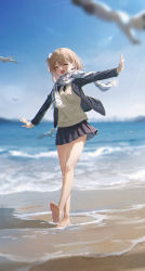 Rule 34 | 1girl, ^ ^, ^o^, bare legs, barefoot, beach, beige vest, bird, blazer, blue jacket, blurry, blurry background, blurry foreground, closed eyes, commentary, depth of field, dotz, closed eyes, grey hair, highres, jacket, no shoes, ocean, one side up, original, outstretched arms, plaid, plaid scarf, pleated skirt, sand, scarf, school uniform, seagull, skirt, smile, sweater vest