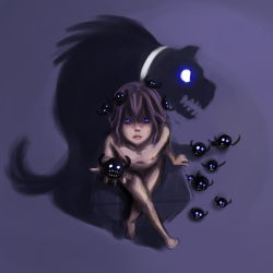 Rule 34 | 1girl, blue eyes, creature, crossed legs, darkness, flat chest, from above, glowing, glowing eyes, holding, lips, looking up, monster, ninjaham, nipples, nose, nude, original, purple hair, shadow, sitting, solo, yami shoujo