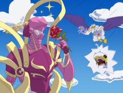 Rule 34 | armor, claws, digimon, digimon (creature), dynasmon, flower, full armor, looking at another, lordknightmon, rose, sparkle, wings