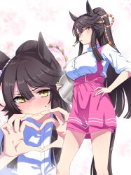 Rule 34 | 1girl, absurdres, animal ears, bandaid, bandaid on face, bandaid on nose, black hair, blush, breasts, commentary request, embarrassed, hand on own hip, heart, heart hands, highres, holding, holding tray, horse ears, horse girl, horse tail, large breasts, long hair, mouth hold, multiple views, narita brian (umamusume), nerukichikatafukuma, nose blush, pink skirt, ponytail, rope, shimenawa, shirt, simple background, skirt, stalk in mouth, sweat, tail, tray, umamusume, waitress, white background, white shirt