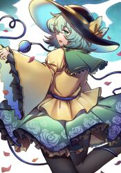 Rule 34 | 1girl, black hat, black pantyhose, bow, commentary request, falling petals, feet out of frame, floral print, foot up, frilled skirt, frilled sleeves, frills, from behind, green eyes, green skirt, hand up, hat, hat bow, heart, heart-shaped pupils, highres, komeiji koishi, long sleeves, looking at viewer, medium hair, open mouth, pantyhose, petals, profile, rose print, shishui guima, sideways mouth, skirt, solo, symbol-shaped pupils, third eye, touhou, wide sleeves, yellow bow