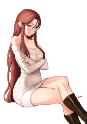 Rule 34 | 1girl, bare shoulders, boots, breasts, brown eyes, brown hair, cleavage, closed mouth, collarbone, commentary request, crossed arms, hair between eyes, idolmaster, idolmaster cinderella girls, large breasts, crossed legs, lips, long hair, looking at viewer, nail polish, off-shoulder, off-shoulder sweater, off shoulder, red nails, shoukaki (earthean), simple background, sitting, smile, solo, sweater, very long hair, white background, white sweater, zaizen tokiko