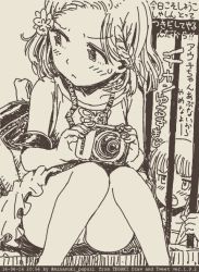 Rule 34 | 2girls, :&lt;, artist name, bare shoulders, blush, braid, camera, character request, child, commentary request, copyright request, dated, dress, flower, furrowed brow, hair flower, hair ornament, holding, holding camera, knees together feet apart, looking at another, looking away, looking to the side, minasuki popuri, monochrome, multiple girls, oekaki, panties, pantyshot, short hair, simple background, sitting, sleeveless, sweatdrop, tegaki, tegaki draw and tweet, thighs, translation request, underwear