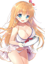 Rule 34 | 1girl, blue eyes, braid, breasts, cleavage, collarbone, commentary request, dress, hair ribbon, highres, large breasts, long hair, mikeou, open mouth, orange hair, pecorine (princess connect!), pecorine (summer) (princess connect!), princess connect!, red ribbon, ribbon, simple background, single braid, sleeveless, sleeveless dress, smile, solo, white background, white dress
