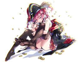 Rule 34 | 1girl, absurdres, armpits, bare shoulders, black coat, black hat, black panties, black thighhighs, bow, breasts, buttons, chromatic aberration, coat, coin, double-breasted, epaulettes, eyepatch, eyepatch pull, feet, full body, hair bow, hat, hayakawa harui, heterochromia, highres, hololive, houshou marine, large breasts, looking at viewer, panties, pirate hat, pleated skirt, red bow, red eyes, red hair, red skirt, red vest, sitting, skirt, solo, thighhighs, twintails, underwear, unworn coat, vest, virtual youtuber, yellow eyes