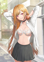 Rule 34 | 1girl, absurdres, arm behind head, arms up, barbell piercing, beida53878791, black choker, blonde hair, bra, breasts, building, choker, ear piercing, earrings, grey skirt, grin, highres, jewelry, kitagawa marin, lace, lace bra, long hair, looking at viewer, medium breasts, navel, open clothes, open shirt, outdoors, piercing, pleated skirt, red eyes, shirt, skirt, smile, solo, sono bisque doll wa koi wo suru, stomach, straight hair, swept bangs, tree, underwear, very long hair, white bra, white shirt
