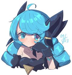 Rule 34 | 1girl, absurdres, ahoge, bare shoulders, black bow, black gloves, bow, closed mouth, collarbone, cropped torso, dated, detached sleeves, drill hair, gloves, green eyes, gwen (league of legends), hair bow, highres, league of legends, monakan japan, simple background, solo, twin drills, twintails, upper body, white background