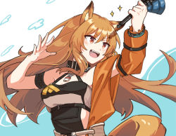 Rule 34 | 1girl, animal ears, arknights, black collar, black shirt, brown hair, ceobe (arknights), ceobe (summer flowers) (arknights), chain, collar, dog ears, dog girl, dog tail, fangs, highres, holding, jacket, lock, long hair, mabing, official alternate costume, open clothes, open jacket, open mouth, orange jacket, padlock, red eyes, shirt, solo, sparkle, tail, upper body