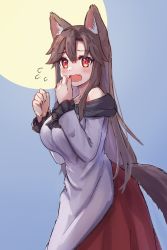 Rule 34 | 1girl, animal ear fluff, animal ears, blush, breasts, brown hair, clothing cutout, cowboy shot, dress, fang, forneus 0, full moon, grey background, grey dress, highres, imaizumi kagerou, large breasts, layered dress, long hair, long sleeves, moon, off-shoulder dress, off shoulder, open mouth, red dress, red eyes, skin fang, solo, tail, tail through clothes, tearing up, tears, touhou, very long hair, wolf ears, wolf girl, wolf tail
