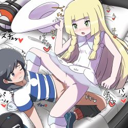 Rule 34 | 1boy, 1girl, arm support, bag, bare shoulders, baseball cap, black eyes, black hair, black headwear, black shorts, blonde hair, blue footwear, blue shirt, blush, braid, breasts, breath, closed mouth, clothes pull, collarbone, creatures (company), dress, duffel bag, elio (pokemon), franberyll, game freak, green eyes, hand up, hat, hat-removed, heart, hetero, highres, holding, japanese text, kneehighs, kneeling, leaning back, lillie (pokemon), long hair, lying, matching hair/eyes, motion lines, nintendo, no panties, nose blush, on back, on bed, one eye closed, open mouth, pillow, poke ball theme, pokemon, pokemon sm, pussy, see-through, sex, shirt, shoes, short hair, short sleeves, shorts, shorts pull, sleeveless, sleeveless dress, small breasts, socks, spoken heart, spread legs, striped clothes, striped shirt, sun hat, sweat, swept bangs, translation request, trembling, twin braids, uncensored, vaginal, white dress, white headwear, white socks