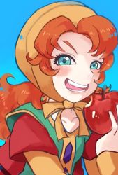 Rule 34 | 1girl, blue eyes, blush, breasts, commentary request, curly hair, dragon quest, dragon quest vii, dress, hood, long hair, looking at viewer, maribel (dq7), open mouth, red hair, simple background, smile, solo