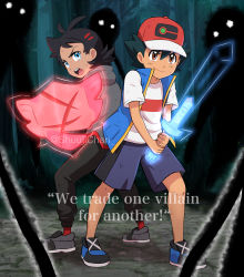 Rule 34 | 2boys, antenna hair, ash ketchum, baseball cap, black hair, black pants, blouse, blue eyes, blue jacket, commentary, commission, creatures (company), english text, forest, game freak, goh (pokemon), grey footwear, grey shirt, halo (game), halo (series), halo 3, hat, highres, holding, holding sword, holding weapon, jacket, male focus, multiple boys, nature, nintendo, open mouth, pants, parody, pokemon, pokemon (anime), pokemon journeys, red footwear, rusted shield (pokemon), rusted sword (pokemon), sara bon, shirt, shoes, short hair, short sleeves, shorts, sleeveless, sleeveless jacket, socks, sword, t-shirt, teeth, tongue, upper teeth only, weapon, white shirt