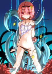 Rule 34 | 1girl, bdsm, black panties, blue background, blush, breasts, collar, consensual tentacles, covered erect nipples, fumihiro, hairband, heart, highres, komeiji satori, leash, looking at viewer, navel, panties, pink hair, red eyes, see-through, shirt, short hair, small breasts, solo, standing, tentacles, third eye, touhou, underwear, wet, wet clothes, wet shirt
