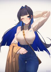 Rule 34 | 1girl, absurdres, arm behind head, bag, between breasts, blue eyes, blue hair, blush, breasts, chilakkk, closed mouth, clothing cutout, coat, unworn coat, colored inner hair, cowboy shot, denim, hair intakes, handbag, high-waist pants, highres, hololive, hololive english, jeans, large breasts, long hair, long sleeves, multicolored hair, official alternate costume, one eye closed, ouro kronii, ouro kronii (casual), pants, shirt tucked in, shoulder cutout, simple background, smile, solo, strap between breasts, sweater, thigh gap, turtleneck, two-tone hair, virtual youtuber, white background
