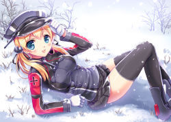 Rule 34 | 10s, 1girl, :d, anchor hair ornament, black skirt, black thighhighs, blonde hair, blue eyes, blush, breasts, cross, female focus, fukase ayaka, gloves, hair ornament, hair ribbon, hand on headwear, hat, iron cross, kantai collection, large breasts, long hair, long sleeves, lying, military, military uniform, miniskirt, on back, open mouth, over-kneehighs, peaked cap, pleated skirt, prinz eugen (kancolle), ribbon, skirt, smile, snow, snowing, solo, thighhighs, tree, twintails, uniform, white gloves