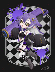 Rule 34 | 1girl, black background, black border, boots, border, breasts, checkered background, commentary, commission, crescent, crescent hair ornament, detached sleeves, eyelashes, full body, grey footwear, hair ornament, highres, inkling, inkling girl, inkling player character, long hair, medium breasts, navel, nintendo, open mouth, outside border, paint splatter, pointy ears, puchiman, purple hair, signature, sleeves past fingers, sleeves past wrists, smile, solo, splat roller (splatoon), splatoon (series), splatoon 3, star-shaped pupils, star (symbol), symbol-shaped pupils, teeth, tentacle hair, two-tone background, weapon, white background, wide sleeves, yellow eyes