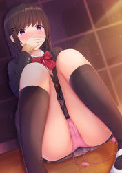 Rule 34 | 1girl, ass, bad id, bad pixiv id, black jacket, black skirt, black socks, blazer, blurry, blush, bow, bowtie, brown hair, buttons, cameltoe, collared shirt, covering own mouth, crotch seam, depth of field, dutch angle, hair ornament, hairclip, hand over own mouth, hand up, hicha nomu, jacket, kneehighs, knees up, light particles, long hair, long sleeves, looking at viewer, mary janes, miniskirt, original, panties, pink panties, plaid, plaid skirt, pleated skirt, polka dot, polka dot bow, purple eyes, red bow, red bowtie, ribbed legwear, school uniform, sex toy, shirt, shoes, sidelocks, sitting, skirt, socks, solo, striped bow, striped bowtie, striped clothes, striped neckwear, sweat, tearing up, tears, thighs, tile wall, tiles, undershirt, underwear, vibrator, white footwear, white shirt, wing collar