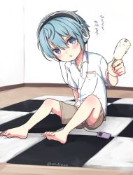 Rule 34 | 1boy, barefoot, blue eyes, blue hair, checkered floor, feet, food, headphones, male focus, on ground, original, os (os fresa), popsicle, shorts, sitting, solo, souta (os), toes, twitter username