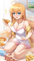 Rule 34 | ahoge, alternate costume, bed, blue eyes, blurry, blurry background, blush, breasts, cleavage, curtains, food, hair between eyes, hair ornament, highres, large breasts, long hair, looking at viewer, open mouth, pecorine (princess connect!), pizza, princess connect!, shenqi xiao hong zai nali, sitting, soda bottle, spill, wariza
