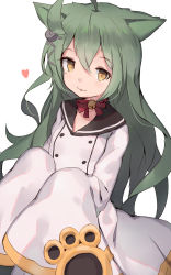 Rule 34 | 1girl, :3, :p, ahoge, akashi (azur lane), animal ears, azur lane, bell, bow, bowtie, cat ears, commentary, dress, green hair, hair between eyes, hair ornament, hands in opposite sleeves, heart, highres, jingle bell, long hair, looking at viewer, mole, mole under eye, sailor collar, shone, simple background, solo, tongue, tongue out, white background, white dress, yellow eyes
