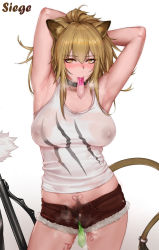 Rule 34 | 1girl, animal ears, arknights, armpits, arms behind head, arms up, bare shoulders, blonde hair, blush, body writing, breasts, brown shorts, character name, closed mouth, collar, collarbone, condom, covered erect nipples, cowboy shot, cutoffs, female focus, female pubic hair, hair between eyes, heart, heart-shaped pupils, highres, large breasts, laserflip, lion ears, lion tail, long hair, looking at viewer, midriff, mouth hold, nipple piercing, nipple rings, open fly, piercing, pubic hair, see-through, short shorts, shorts, siege (arknights), simple background, solo, sweat, sweat stain, symbol-shaped pupils, tail, tank top, thighs, used condom, white background, white tank top, yellow eyes
