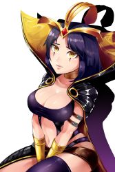 Rule 34 | 1girl, arm belt, bad id, bad pixiv id, between legs, black cape, black hair, bracer, breasts, cape, cleavage, dated, hand between legs, headpiece, highres, jewelry, jingo, large breasts, league of legends, leblanc (league of legends), looking at viewer, midriff, navel, neck ring, sitting, solo, yellow eyes