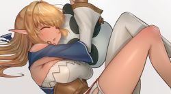 Rule 34 | 1girl, bare shoulders, blonde hair, bow, breasts, brown gloves, closed eyes, clothing cutout, corset, dark-skinned female, dark skin, elf, gloves, hair bow, hair intakes, highres, hololive, hugging object, kintsuba (shiranui flare), large breasts, long hair, lying, multicolored hair, on side, open mouth, pillow, pillow hug, pointy ears, shiranui flare, shiranui flare (old design), shoulder cutout, single thighhigh, sleeping, solo, somebody (leiking00), streaked hair, thighhighs, thighs, untied, virtual youtuber, white thighhighs