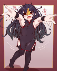 Rule 34 | 1girl, absurdres, black dress, black hair, black nails, border, bright pupils, china dress, chinese clothes, covered navel, dress, drooling, fangs, flat chest, foreshortening, highres, jewelry, jiangshi, long hair, messy hair, nail polish, navel, ofuda, original, outside border, outstretched arms, red eyes, ring, sleeveless, sleeveless dress, solo, sudumenooyado, thighhighs, white pupils