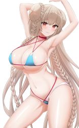 Rule 34 | 1girl, armpits, arms up, azur lane, bikini, blue bikini, blush, braid, breasts, brown hair, closed mouth, cowboy shot, double bun, formidable (azur lane), formidable (the lady of the beach) (azur lane), hair bun, highres, large breasts, long hair, looking at viewer, official alternate costume, red eyes, simple background, smile, swimsuit, thighs, underboob, vik (xypt7474), white background