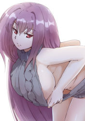 Rule 34 | 1girl, breasts, fate/grand order, fate (series), halterneck, highres, large breasts, long hair, meme attire, purple hair, red eyes, scathach (fate), scathach (fate), sideboob, simple background, solo, virgin killer sweater, white background, wo jianqiang fu guo