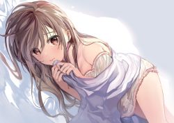 Rule 34 | 1girl, bed sheet, blush, brown eyes, brown hair, cocoa (cafe-hotcocoa), long hair, looking at viewer, lying, on side, original, solo