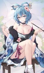 Rule 34 | 1girl, absurdres, adapted costume, blue eyes, blue hair, blue kimono, blue nails, bracelet, breasts, chisel, cleavage, commentary, floral print, flower, fur trim, hair flower, hair ornament, hair rings, hair stick, highres, holding, holding smoking pipe, japanese clothes, jewelry, kaku seiga, kimono, large breasts, looking at viewer, orchid (orukido), shawl, short hair, sitting, smoking pipe, socks, solo, touhou, white socks