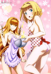 Rule 34 | 10s, 2girls, absurdres, anno masato, apron, ass, blonde hair, blue eyes, bowl, breasts, cleavage, food, food on face, from behind, hair intakes, hair ornament, hairband, heavy object, highres, large breasts, long hair, looking back, megami magazine, milinda brantini, multiple girls, naked apron, nearly naked apron, no bra, official art, ohoho (heavy object), open mouth, panties, pink panties, scan, short hair, sideboob, topless, underwear, whisk, yellow eyes