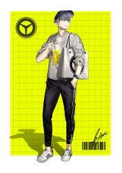 Rule 34 | 1boy, absurdres, alternate costume, bag, barcode, black hat, black pants, btmr game, closed mouth, cup, disposable cup, full body, grey eyes, grid background, hand in pocket, hat, highres, holding, holding cup, male focus, narukami yuu, pants, persona, persona 4, shirt, shoes, shopping bag, signature, silver hair, simple background, sneakers, solo, standing, track pants, watch, white footwear, wristwatch
