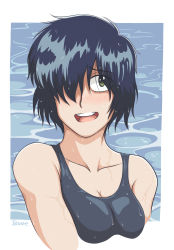 Rule 34 | 1girl, bare shoulders, black hair, blush, breasts, collarbone, competition swimsuit, green eyes, hair over one eye, highres, jikaree , nazo no kanojo x, one-piece swimsuit, pool, redrawn, self-upload, short hair, smile, swimsuit, urabe mikoto, water, wet, wet clothes, wet hair