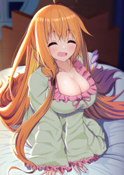 Rule 34 | 1girl, ahoge, all fours, alternate costume, asymmetrical hair, bed, blurry, blush, braid, breasts squeezed together, breasts, cleavage, closed mouth, collarbone, depth of field, dress, frilled sleeves, frills, green pajamas, hair between eyes, hair tubes, highres, large breasts, long hair, nightgown, open mouth, orange hair, pajamas, pecorine (princess connect!), pink ribbon, princess connect!, ribbon, sidelocks, sitting, sleeves past wrists, smile, solo, square neckline, syurimp, tareme, taut clothes, taut dress, very long hair, wide sleeves