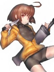 Rule 34 | 1girl, ahoge, bike shorts, brown hair, cameltoe, covered erect nipples, dual wielding, flat chest, fumio (rsqkr), holding, jacket, knife, linne, orange shirt, red eyes, shirt, short hair, simple background, solo, sword, under night in-birth, weapon, white background