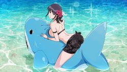 Rule 34 | 1girl, ass, black hair, bleach, bleach: brave souls, bracelet, breasts, flower, highres, inflatable toy, jewelry, kurotsuchi nemu, large breasts, official art, solo, starfish, water, wet
