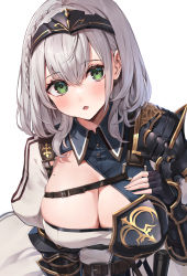 Rule 34 | 1girl, armor, black gloves, blush, breasts, chest guard, chest strap, chestnut mouth, cleavage, fingerless gloves, gloves, greaves, green eyes, hairband, highres, hololive, large breasts, looking at viewer, mole, mole on breast, open mouth, pauldrons, puffy sleeves, shirogane noel, shirogane noel (1st costume), short hair, shoulder armor, silver hair, single pauldron, solo, virtual youtuber, watao
