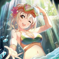 Rule 34 | bikini, blonde hair, brown eyes, cave, forest, goggles, gyaru, halterneck, love live!, love live! nijigasaki high school idol club, lowres, mexico, miyashita ai, nature, official art, outstretched arm, partially submerged, snorkel, solo, swimsuit
